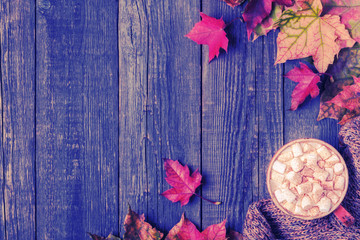 Autumn background with hot chocolate, knitted scarf, multi-colored leaves.
