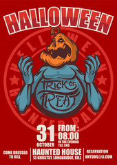 jack o lantern zombie with trick or treat custom lettering on his stomach vector illustration poster invitation