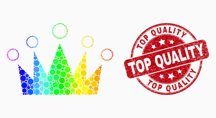 Pixelated spectrum crown mosaic pictogram and Top Quality seal stamp. Red vector round scratched seal stamp with Top Quality phrase. Vector combination in flat style. - 288747123
