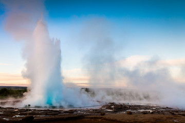 Erupting of the Great Geysir lies in Haukadalur valley