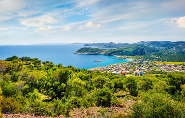Aerial view of Paralia Kakis Thalassis village. Colorful spring seascape of Aegean sea. Sunny...