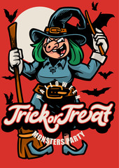 scary witch halloween poster with trick or treat custom lettering on fullmoon and flaying bats background