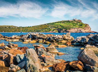 Colorful morning view of the Temple of Poseidon, Sounio location, Greece, Europe. Splendid spring seascape of Aegean sea. Vacation concept background. Artistic style post processed photo.