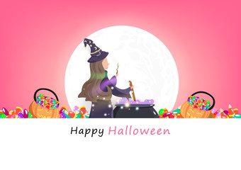 Happy Halloween, greeting card party invites, witch and magic with full moon, pumpkin sweet candy, celebration background vector