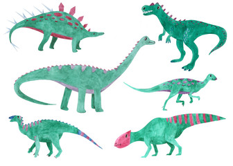 A large set of several dinosaurs, drawn in one style, green color, for the decoration of textiles, children's books. On a white background, isolated. Cute fossil animals.
