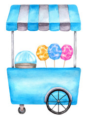 Watercolor cotton candy cart, trolley, truck. Illustration isolated on white background