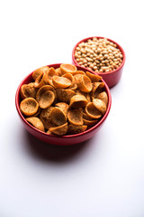 High Protein Soya Katori snacks from India, served in a bowl with raw soybean, selective focus