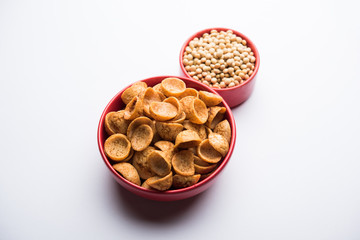 High Protein Soya Katori snacks from India, served in a bowl with raw soybean, selective focus