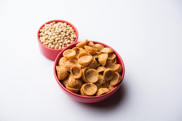 High Protein Soya Katori snacks from India, served in a bowl with raw soybean, selective focus