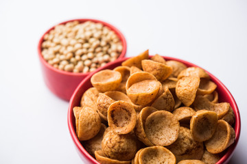 High Protein Soya Katori snacks from India, served in a bowl with raw soybean, selective focus