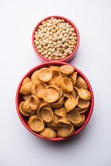 High Protein Soya Katori snacks from India, served in a bowl with raw soybean, selective focus