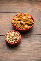 High Protein Soya Katori snacks from India, served in a bowl with raw soybean, selective focus