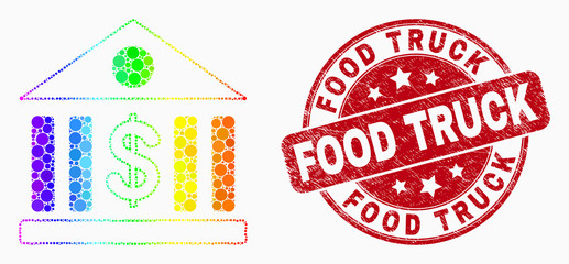 Dot spectral dollar bank mosaic icon and Food Truck seal. Red vector round textured seal stamp with Food Truck title. Vector composition in flat style.