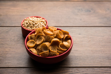 High Protein Soya Katori snacks from India, served in a bowl with raw soybean, selective focus