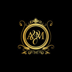 A & M AM logo initial Luxury ornament emblem. Initial luxury art vector mark logo, gold color on black background.
