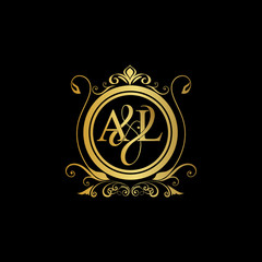 A & L AL logo initial Luxury ornament emblem. Initial luxury art vector mark logo, gold color on black background.