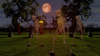 Dancing skeletons in the cemetery at night. Halloween concept.