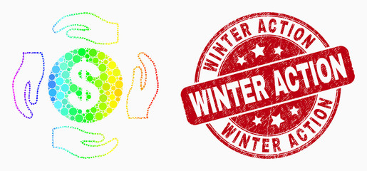 Pixel spectral dollar care hands mosaic icon and Winter Action seal stamp. Red vector round grunge seal with Winter Action text. Vector combination in flat style.
