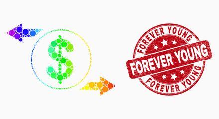 Dot spectrum dollar exchange arrows mosaic icon and Forever Young seal stamp. Red vector rounded textured stamp with Forever Young phrase. Vector collage in flat style.