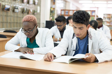 multiracial group of young medical students. We sit at the desk, pass the exam, study textbooks