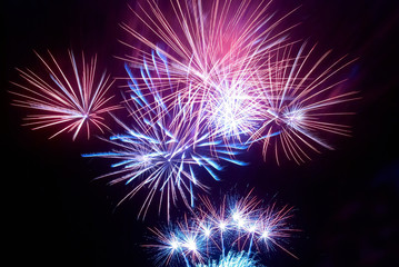 Fireworks on black night sky background. Holiday celebration