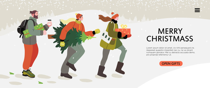 People walking with a christmas tree and presents hurrying home. Christmas theme banner, flyer or landing page with happy men and woman being in a festive mood walking from a christmas fair or market.