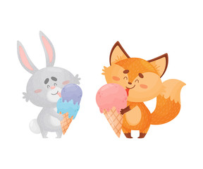 Obraz na płótnie Canvas Humanized fox and hare eat ice cream. Vector illustration on a white background.