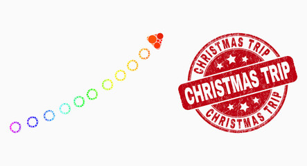 Dotted spectrum dotted up trend arrow mosaic pictogram and Christmas Trip watermark. Red vector rounded scratched watermark with Christmas Trip title. Vector collage in flat style.