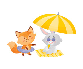 Cute fox and hare together on the yarn. Vector illustration on a white background.