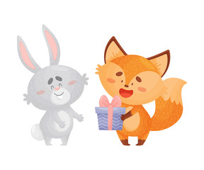 Cute fox with a gift for a hare. Vector illustration on a white background.