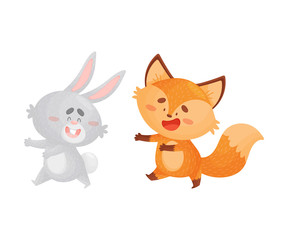 Cartoon foxes are catching a hare. Vector illustration on a white background.