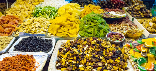 Turkish delight sweets, fruits, nuts at Spice Market or Grand Bazaar in Istanbul Turkey