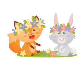 Cartoon foxes and hare with wreaths of flowers on their heads. Vector illustration on a white background.