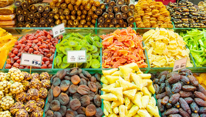 Turkish delight sweets, fruits, nuts at Spice Market or Grand Bazaar in Istanbul Turkey