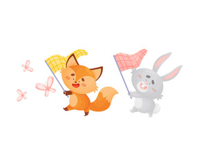 Cartoon foxes and hare with butterfly net. Vector illustration on a white background.