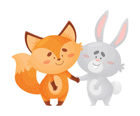 Cartoon foxes and a hare hold hands. Vector illustration on a white background.