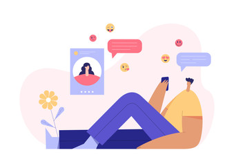 Man and woman chatting concept, modern character profile on display and emoji on the background. Online dating application. Flat vector illustration.