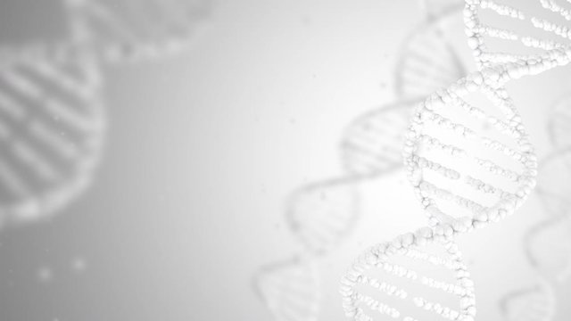 Horizontal DNA double helix animate in and out on bright background with small particles. Seamless loop from frame 0 to 599, and from frame 150 to 450. Clean medical background. Luma matte included.