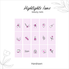 Highlights Stories Covers line Icons for nail salon, beauty salon.