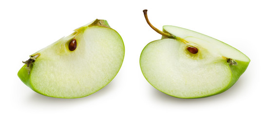Green apple isolate. Cut apples on white. Apple slice set with clipping path.