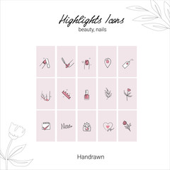 Highlights Stories Covers line Icons for nail salon, beauty salon.