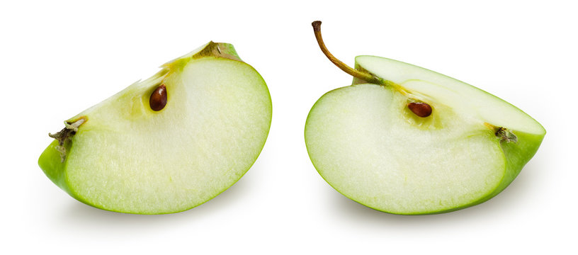 Green apple isolate. Cut apples on white. Apple slice set with clipping path.