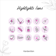 Highlights Stories Covers line Icons for nail salon, beauty salon.