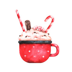 Hand painted watercolor illustration of cute cup with coffee, marshmallows, cinnamon and christmas lollipop isolated on white background