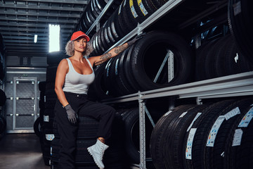 Sexy woman in red cap is chilling at tyre storage while posing for photographer. © Fxquadro