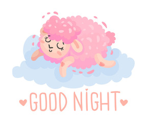 Pink lamb sleeps on a cloud. Vector illustration on a white background.