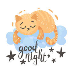 Cartoon orange cat is sleeping on a cloud. Vector illustration on a white background.
