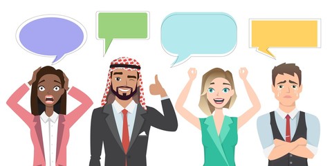 Set of multinational characters speaking with speech bubble. People in a cartoon style experiences different emotions.