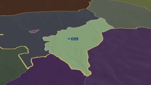 Dosso - department of Niger with its capital zoomed on the administrative map of the globe. Animation 3D
