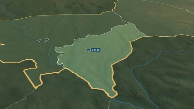 Dosso - department of Niger with its capital zoomed on the physical map of the globe. Animation 3D